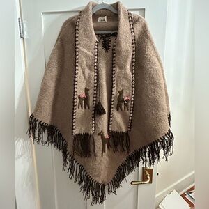 Handmade Peruvian Alpaca Poncho with Llama Embroidery | 100% Alpaca Cape Shawl
